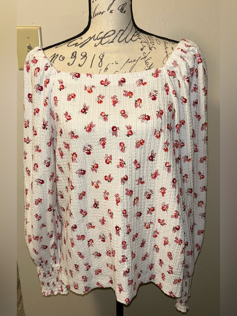 LOFT White Floral Square Neck Crinkle Blouse Top Size XL Long Sleeve